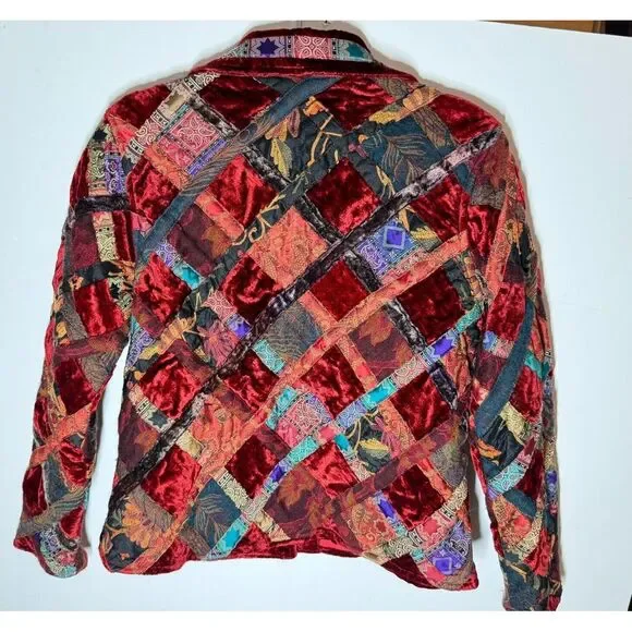 Coldwater Velvet Patchwork Jacket Sz‎ M Petite Red Quilted Cottage Blazer Dressy - Picture 2 of 10